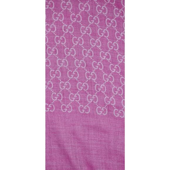 GUCCI Pink Jacquard Logo GG Wool Silk Scarf - Picture 9 of 14